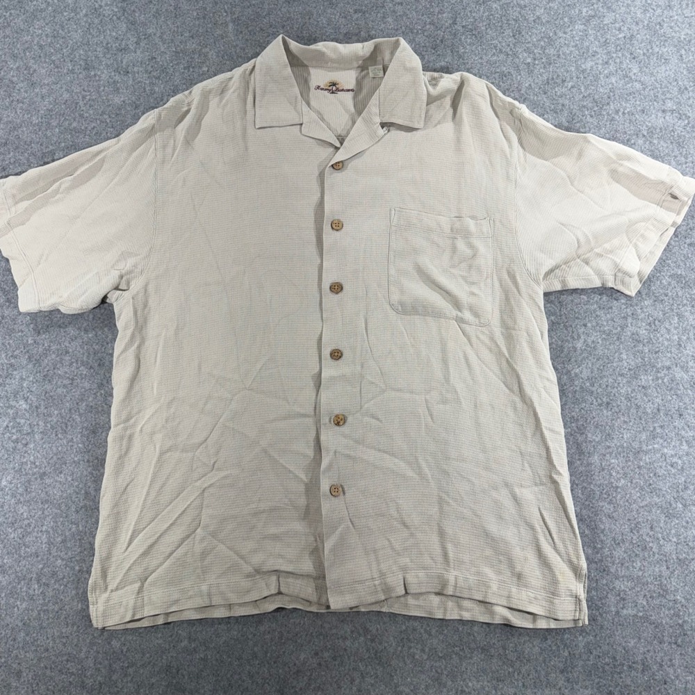 Tommy Bahama Mens Large Beige 100% Silk Waffle Weave Short Sleeve Camp Shirt